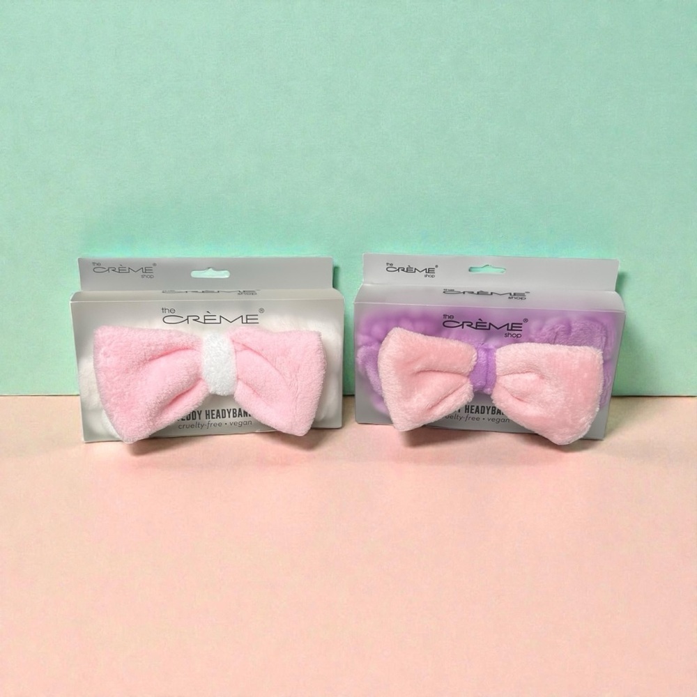 The Creme Shop Bow Teddy Headband Plush Spa Headband Bundle of 2 Elastic Makeup